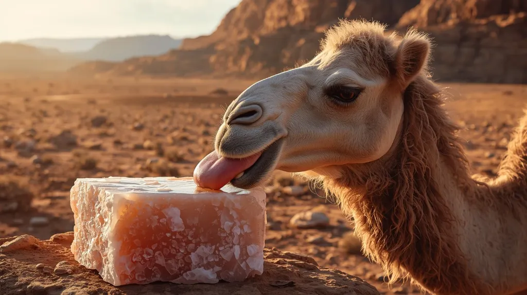 Ultra-realistic image of a camel licking a Himalayan pink salt lick block, tongue visible. Desert backdrop with warm sunlight, rugged natural textures, highly detailed 8K realism..webp