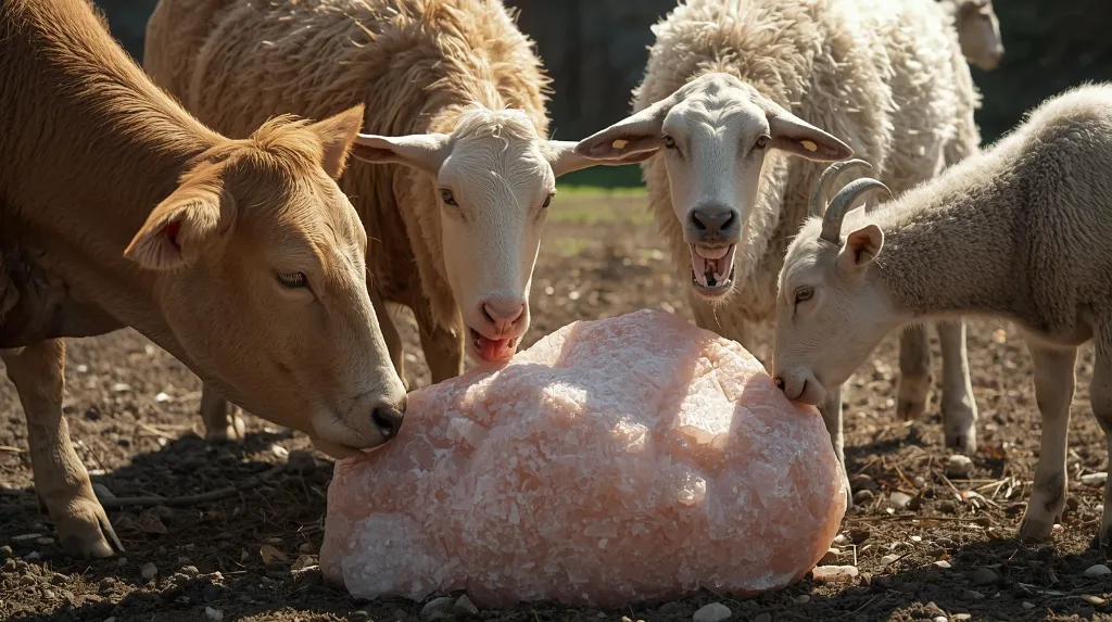 Photorealistic image showing multiple farm animals — cow, goat, sheep — gathered around a Himalayan pink salt lick stone. One or two animals licking the salt with tongues visible. Bright outdoor farm setting, peac.webp