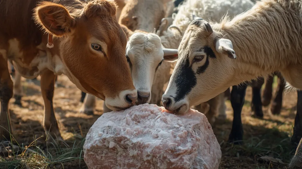 Photorealistic image showing multiple farm animals — cow, goat, sheep — gathered around a Himalayan pink salt lick stone. One or two animals licking the salt with tongues visible. Bright outdoor farm setting,  (1).webp