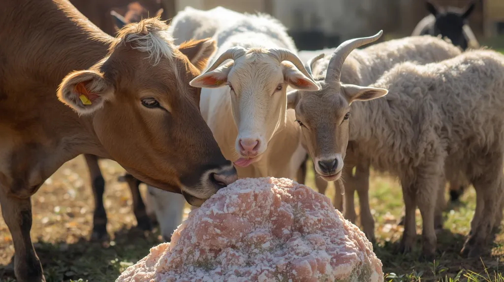 Photorealistic image showing multiple farm animals — cow, goat, sheep — gathered around a Himalayan pink salt lick stone. One or two animals licking the salt with tongues visible. Bright outdoor farm setting,  (2).webp