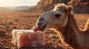 Ultra-realistic image of a camel licking a Himalayan pink salt lick block, tongue visible. Desert backdrop with warm sunlight, rugged natural textures, highly detailed 8K realism..webp