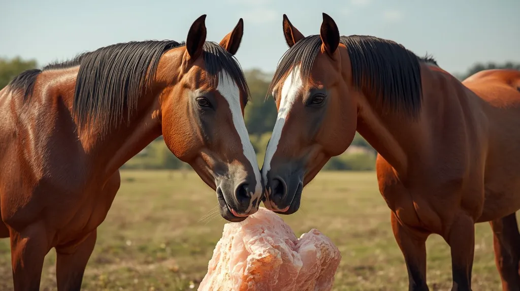 Two horses happily interacting with a Himalayan pink salt lick stone, showing affection and interest. One horse licking the salt with visible tongue, the other standing calmly beside it. Sunny outdoor pasture, war.webp