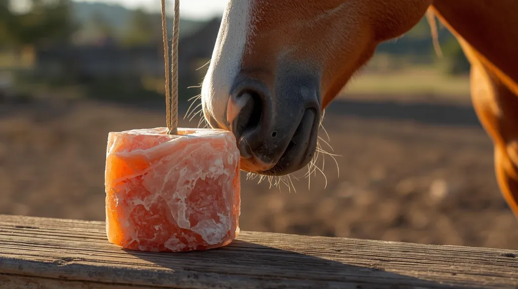 Ultra-photorealistic 8K studio-style outdoor image showing one natural round Himalayan salt lick block (2kg) placed on a wooden surface or hanging with a thin braided white rope through a small hole. A horse stan.webp