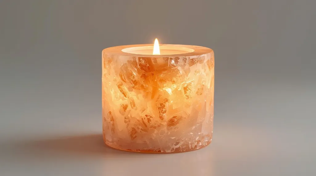 Ultra-photorealistic image of a white Himalayan natural salt tealight candle holder, hand-carved with a smooth organic cylindrical shape and raw mineral texture. Soft warm candle glow inside. Clean studio backgrou.webp