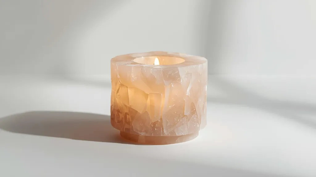 Ultra-photorealistic 8K studio product image of a hand-carved white Himalayan natural salt tealight candle holder glowing softly. Smooth cylindrical form, raw natural salt texture, clean white background, soft (2).webp