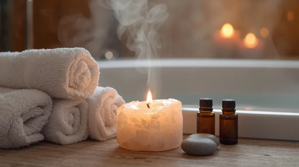 Ultra-realistic 8K scene of a glowing white Himalayan salt tealight candle holder placed beside rolled towels, spa stones and essential oils near a bathtub. Soft steam rising, warm candle glow creating a calmi (1).webp