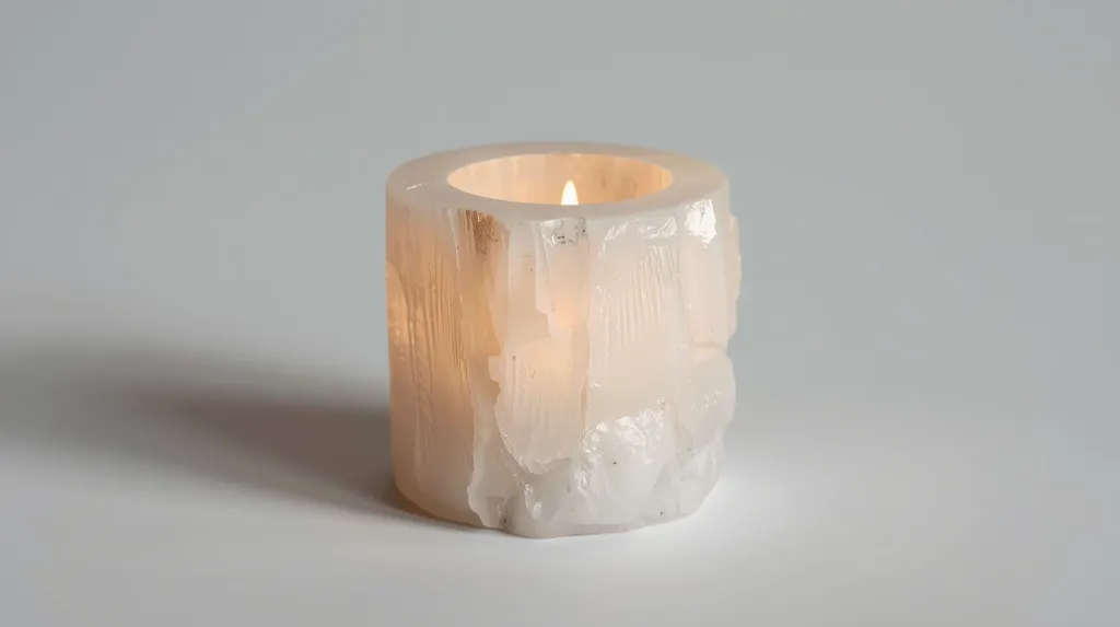 Ultra-photorealistic image of a white Himalayan natural salt tealight candle holder, hand-carved with a smooth organic cylindrical shape and raw mineral texture. Soft warm candle glow inside. Clean studio back (1).webp