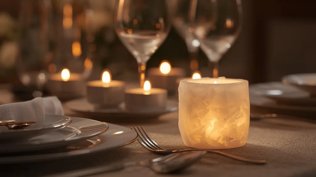 Photorealistic 8K lifestyle image of a white Himalayan natural tealight candle holder glowing warmly on a romantic dinner table with wine glasses, plates, and soft ambient lighting. Natural hand-carved salt textur.webp