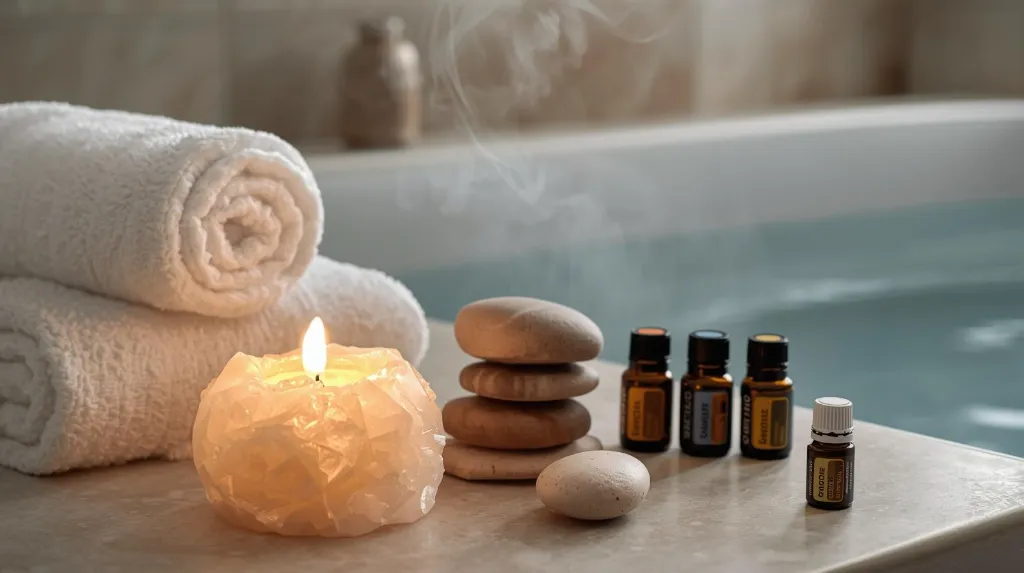 Cinematic 8K image of a glowing white Himalayan salt tealight candle holder placed beside rolled towels, spa stones, and essential oils near a bathtub. Soft steam, relaxing warm light, smooth white salt textur (2).webp