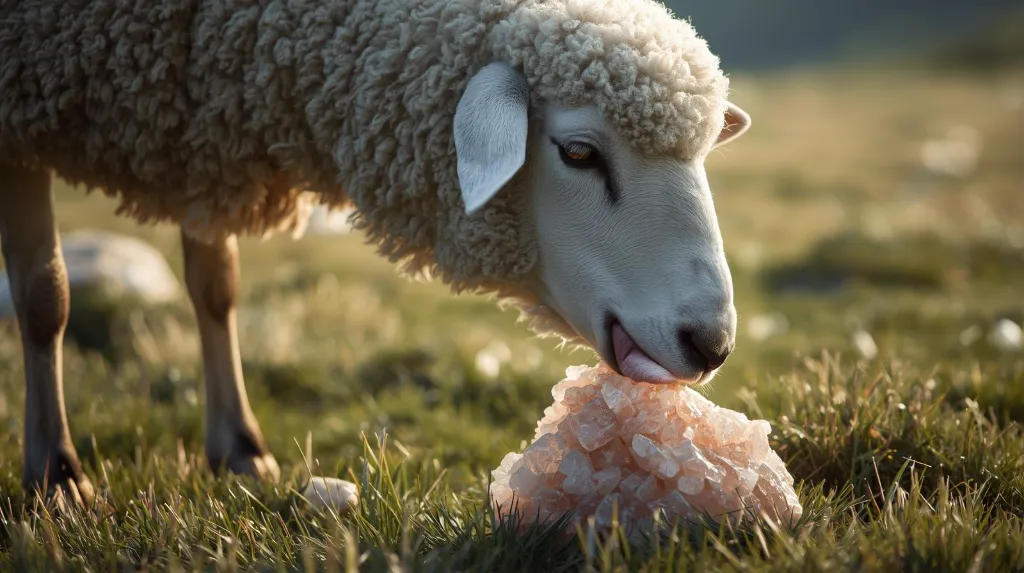 Photorealistic image of a sheep licking a Himalayan salt lick stone in a grassy field, tongue visible. Soft daylight, peaceful environment, natural textures, sharp detail, 8K high resolution..webp