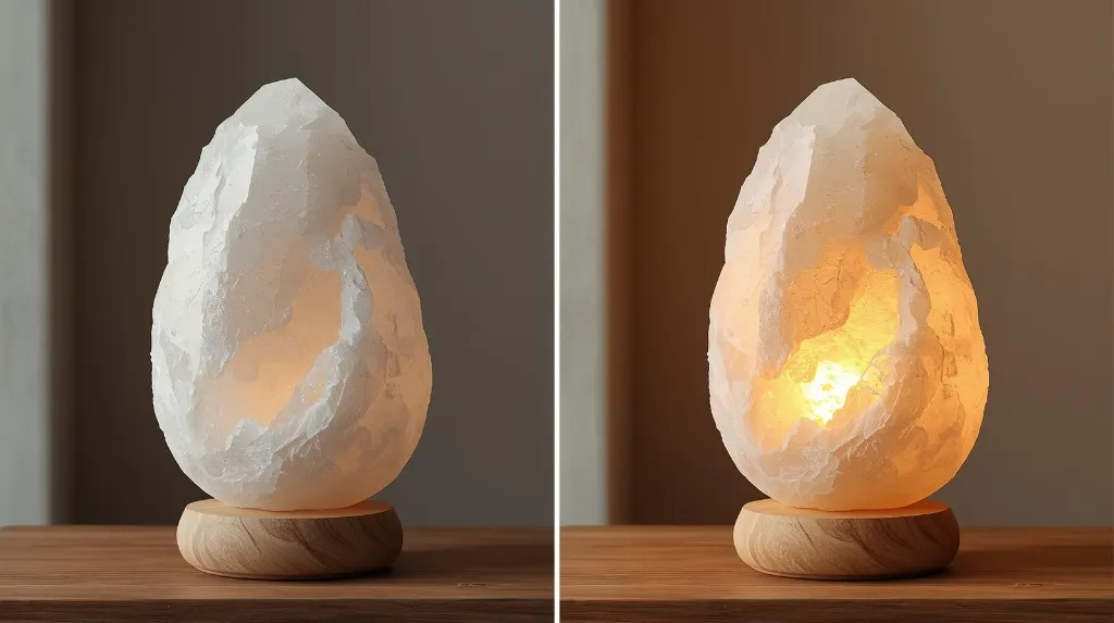 Create a high-quality 1_1 product image of a Himalayan White Salt Lamp inspired by the reference images_ a naturally shaped, uneven handcrafted white salt rock with a slightly translucent texture. The lamp must ap.webp