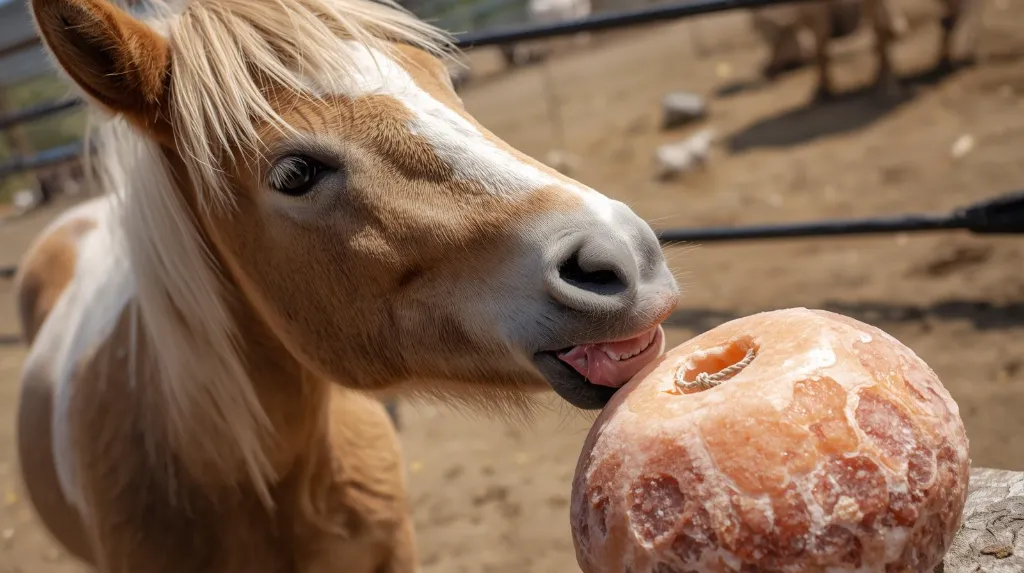 Adorable pony licking a natural round Himalayan salt lick block with a thin white rope threaded through the top hole. Raw Himalayan salt texture, pink_orange colors, small hole. Outdoor farm setting, bright li (2).webp
