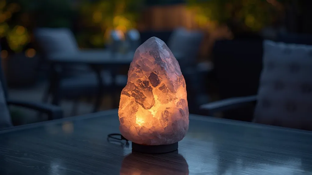 Generate a 1_1 square image of a Grey Himalayan Salt Lamp with natural irregular shape, placed on an outdoor patio table during evening time. Use soft ambient outdoor lighting and warm glow from the lamp. Backgrou.webp