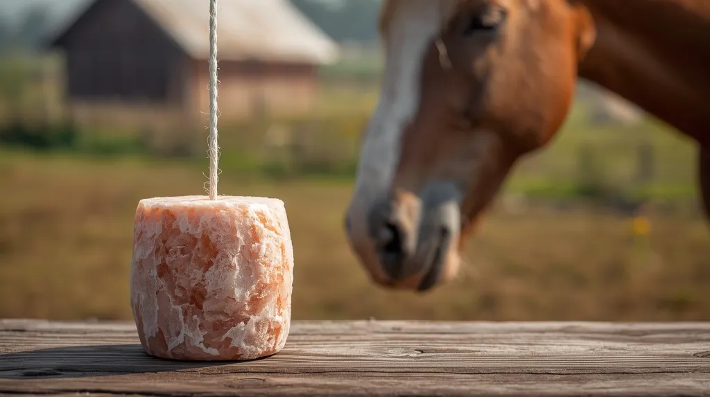 Ultra-photorealistic 8K studio-style outdoor image showing one natural round Himalayan salt lick block (2kg) placed on a wooden surface or hanging with a thin braided white rope through a small hole. A horse s (1).webp