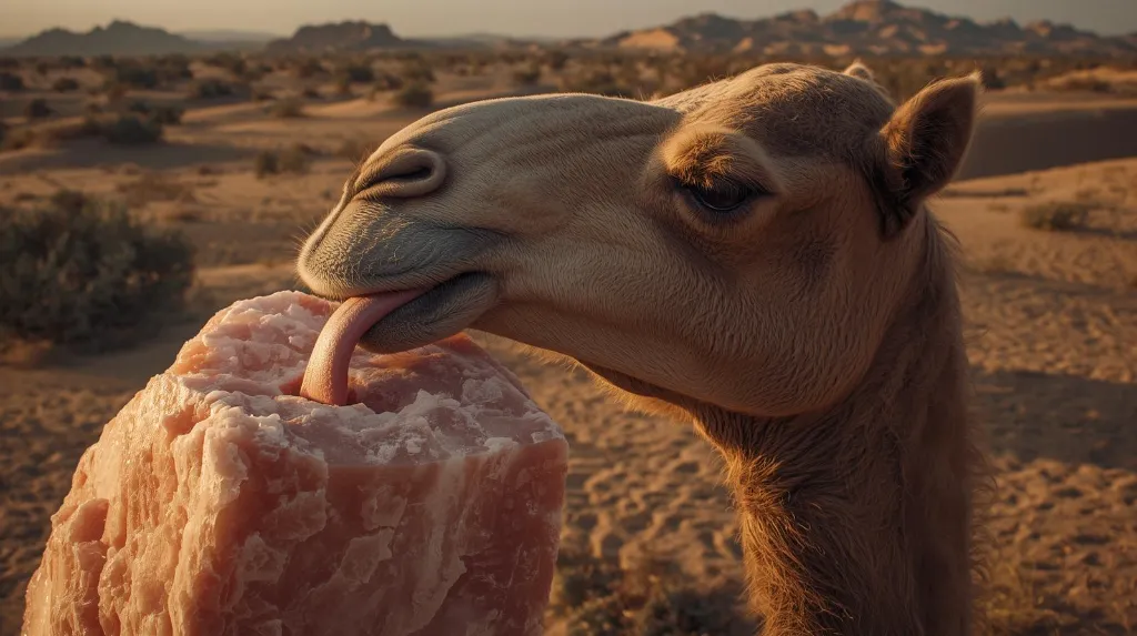 Ultra-realistic image of a camel licking a Himalayan pink salt lick block, tongue visible. Desert backdrop with warm sunlight, rugged natural textures, highly detailed 8K realism. (1).webp