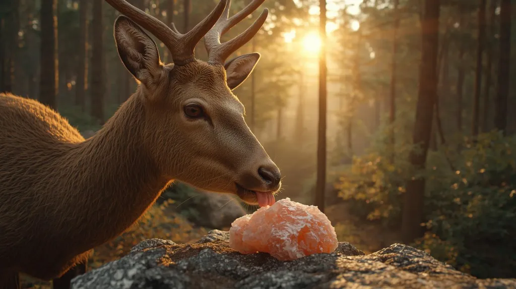 Cinematic, high-resolution forest scene showing a deer licking a Himalayan pink salt lick stone, tongue touching the surface. Sun rays filtering through trees, natural earthy tones, detailed fur and crystal textur.webp