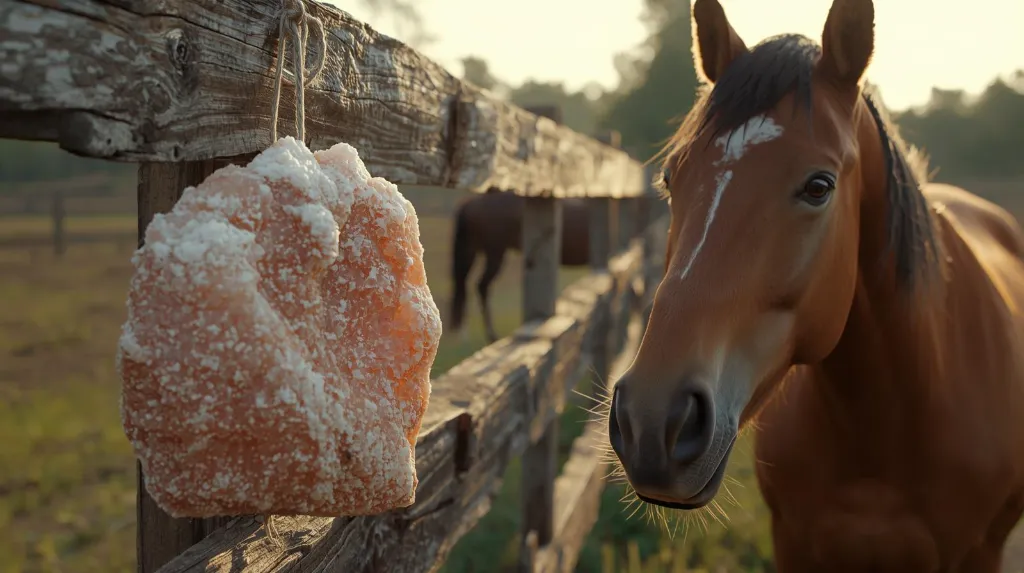 Photorealistic rural farm scene with a Himalayan pink salt lick stone hanging from a wooden fence. A horse approaches it happily but is not licking yet. Warm golden hour lighting, natural textures, rugged salt cry.webp