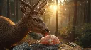 Cinematic, high-resolution forest scene showing a deer licking a Himalayan pink salt lick stone, tongue touching the surface. Sun rays filtering through trees, natural earthy tones, detailed fur and crystal textur.webp