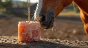 Ultra-photorealistic 8K studio-style outdoor image showing one natural round Himalayan salt lick block (2kg) placed on a wooden surface or hanging with a thin braided white rope through a small hole. A horse stan.webp